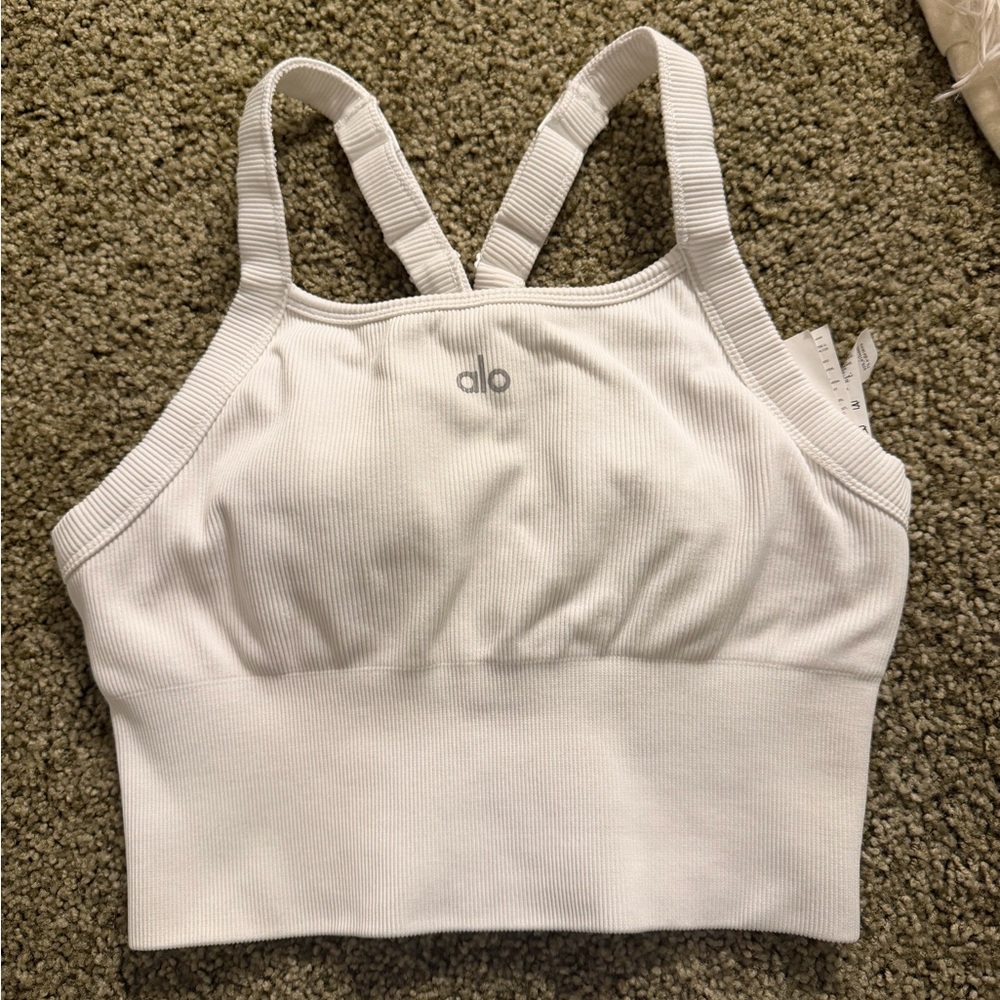 Alo White Ribbed Sports Bra